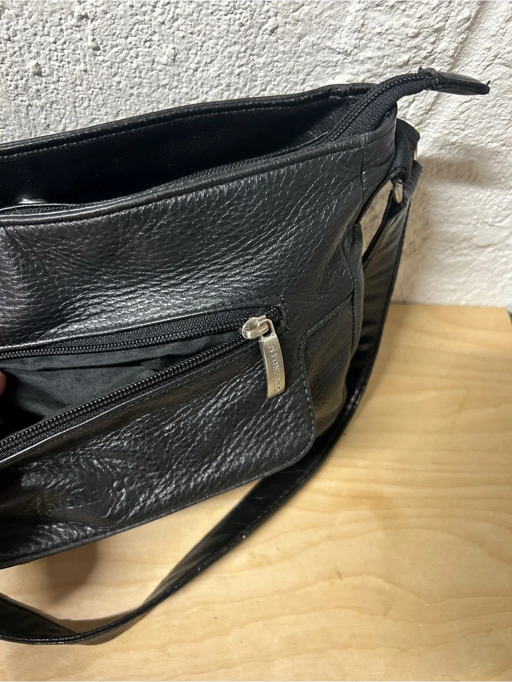 Stone & Co. Black Pebbled Leather Shoulder Bag with Silver Hardware